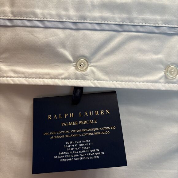 Ralph Lauren Organic Cotton Percale Palmer Queen Flat Sheet $175 White/Sky Blue - Picture 3 of 5